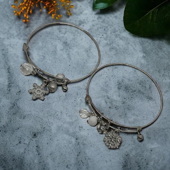 Winter Snowflake Charm Bangle Bracelet Set Silver Tone - Picture 1 of 5